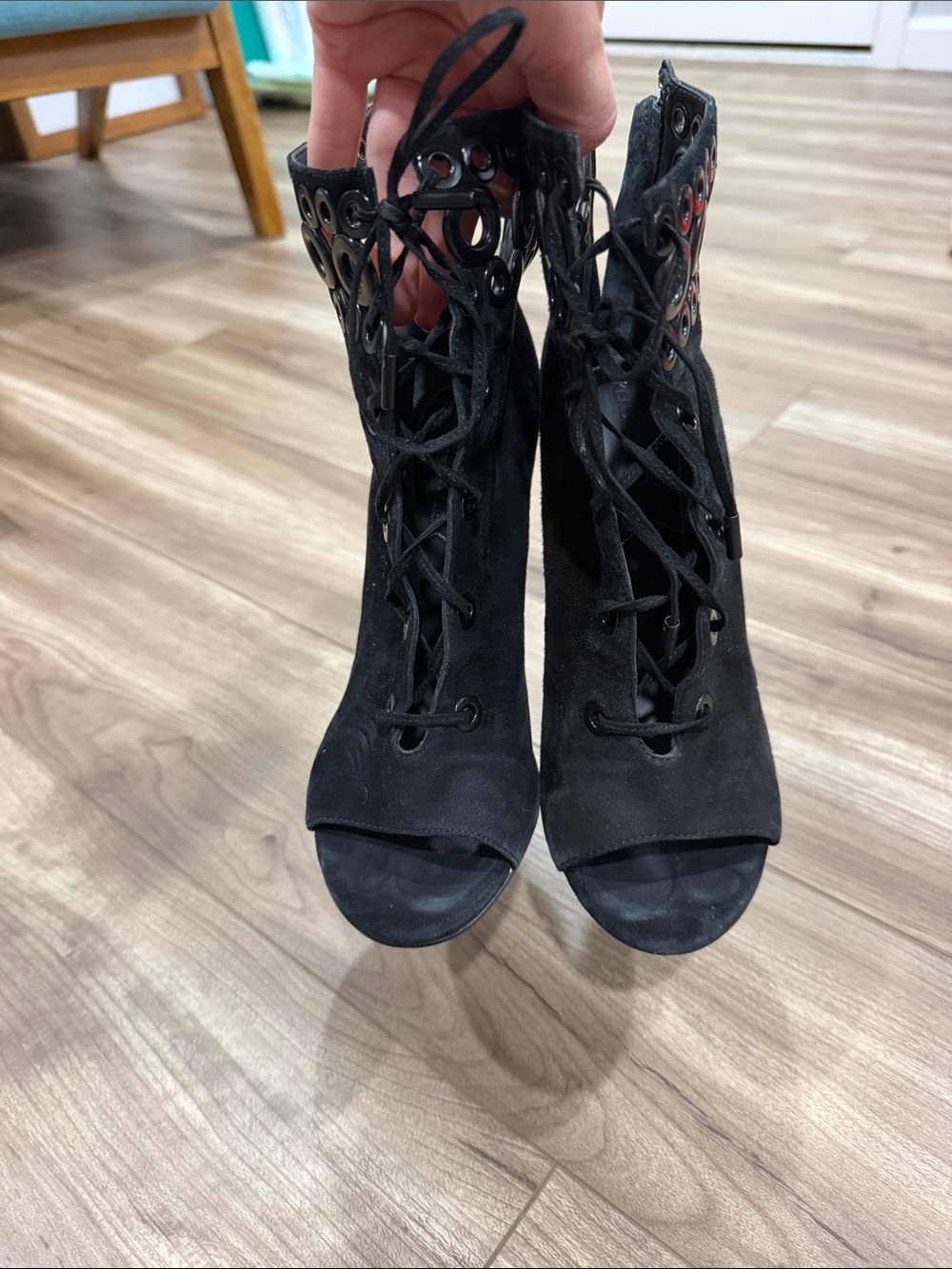 Kendall & Kylie Black Lace-Up Peep Toe Grommet Heels